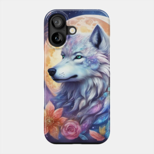 Mystical Wolf with Flowers, Full Moon, Colorful, Beautiful Phone Case