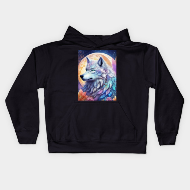 Mystical Wolf with Flowers, Full Moon, Colorful, Beautiful Kids Hoodie by BirdsnStuff