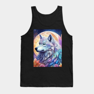 Mystical Wolf with Flowers, Full Moon, Colorful, Beautiful Tank Top