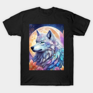 Mystical Wolf with Flowers, Full Moon, Colorful, Beautiful T-Shirt