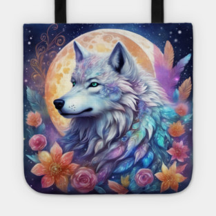 Mystical Wolf with Flowers, Full Moon, Colorful, Beautiful Tote