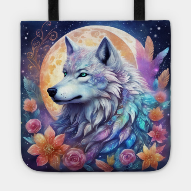 Mystical Wolf with Flowers, Full Moon, Colorful, Beautiful Tote by BirdsnStuff