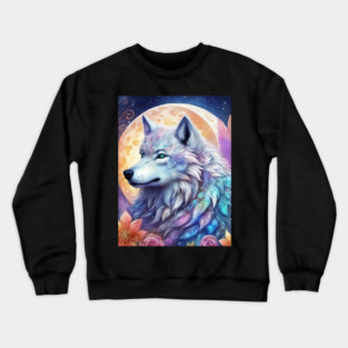 Mystical Wolf with Flowers, Full Moon, Colorful, Beautiful Crewneck Sweatshirt