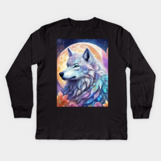 Mystical Wolf with Flowers, Full Moon, Colorful, Beautiful Kids Long Sleeve T-Shirt