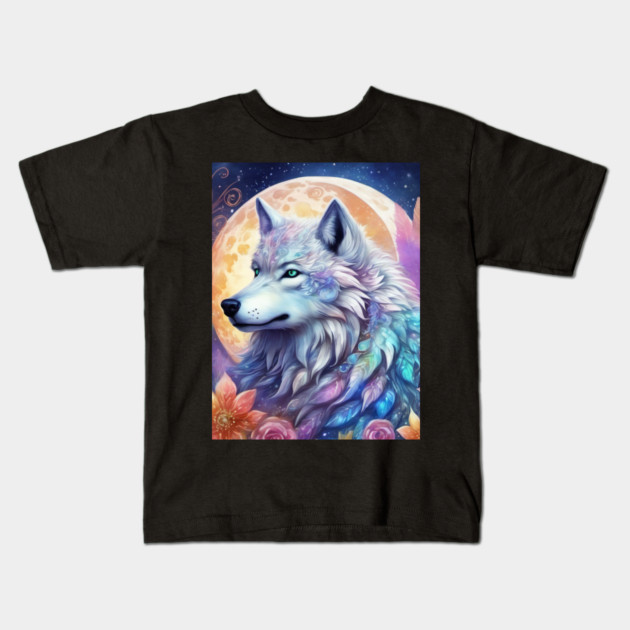 Mystical Wolf with Flowers, Full Moon, Colorful, Beautiful Kids T-Shirt by BirdsnStuff