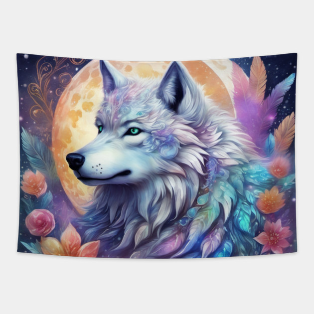Mystical Wolf with Flowers, Full Moon, Colorful, Beautiful Tapestry by BirdsnStuff