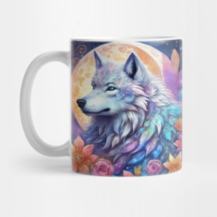 Mystical Wolf with Flowers, Full Moon, Colorful, Beautiful Mug