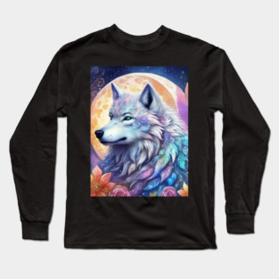 Mystical Wolf with Flowers, Full Moon, Colorful, Beautiful Long Sleeve T-Shirt