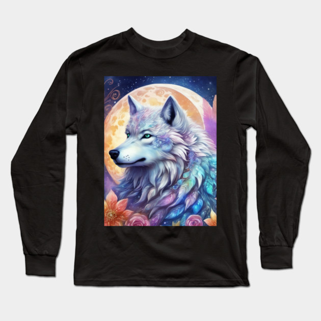 Mystical Wolf with Flowers, Full Moon, Colorful, Beautiful Long Sleeve T-Shirt by BirdsnStuff