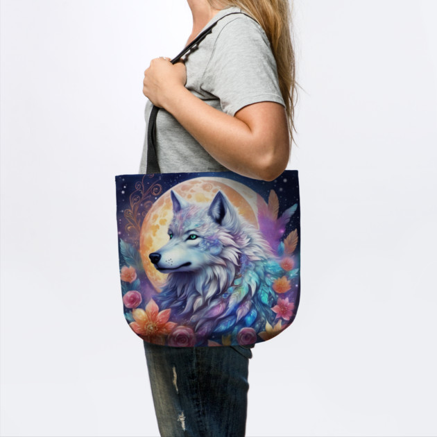 Mystical Wolf with Flowers, Full Moon, Colorful, Beautiful by BirdsnStuff