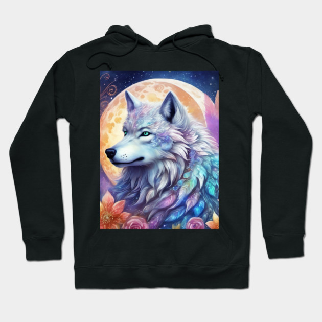 Mystical Wolf with Flowers, Full Moon, Colorful, Beautiful Hoodie by BirdsnStuff