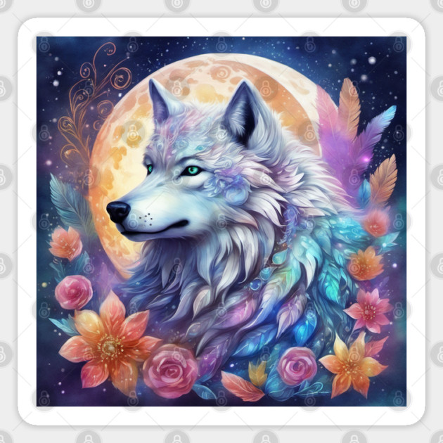Mystical Wolf with Flowers, Full Moon, Colorful, Beautiful Sticker by BirdsnStuff