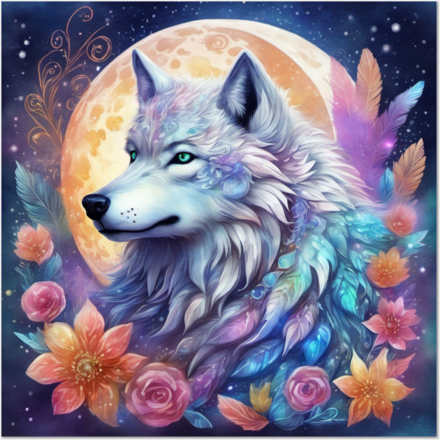 Mystical Wolf with Flowers, Full Moon, Colorful, Beautiful Wall Art by BirdsnStuff