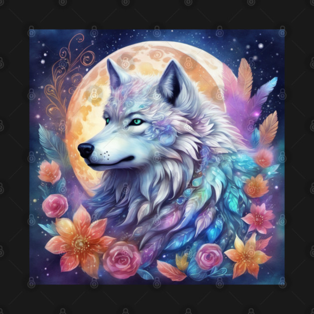 Mystical Wolf with Flowers, Full Moon, Colorful, Beautiful by BirdsnStuff