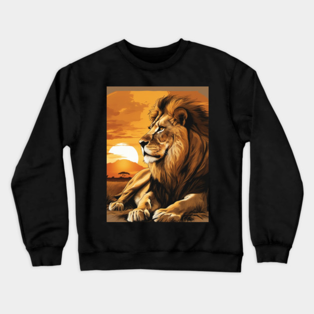 African Lion on the Savannah, Sunny, Water Color Painting Crewneck Sweatshirt by BirdsnStuff