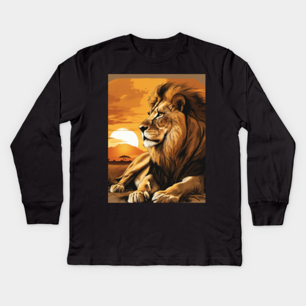 African Lion on the Savannah, Sunny, Water Color Painting Kids Long Sleeve T-Shirt by BirdsnStuff