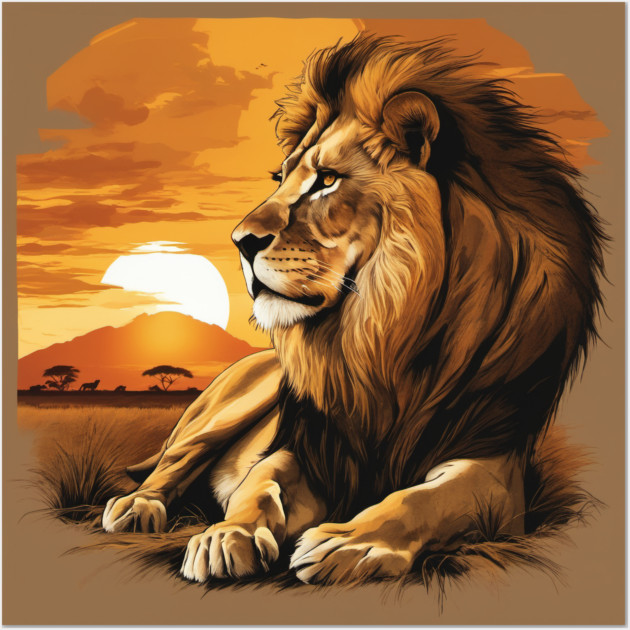 African Lion on the Savannah, Sunny, Water Color Painting Wall Art by BirdsnStuff