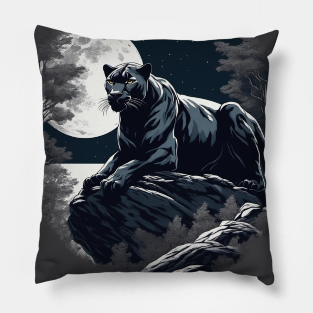 Black Panther Cat, Rock, Full Moon, Shadowy Pillow by BirdsnStuff
