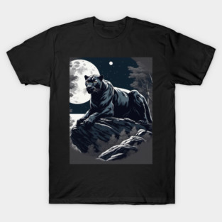 Black Panther Cat, Rock, Full Moon, Shadowy T-Shirt