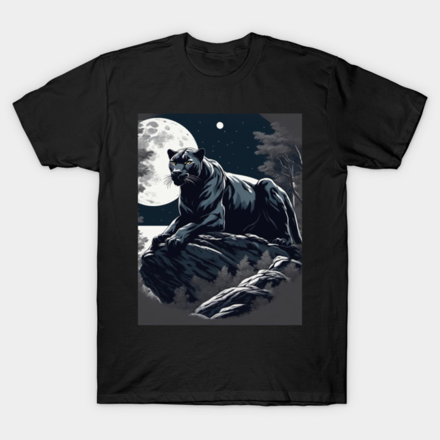 Black Panther Cat, Rock, Full Moon, Shadowy T-Shirt by BirdsnStuff