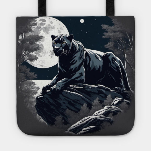 Black Panther Cat, Rock, Full Moon, Shadowy Tote by BirdsnStuff