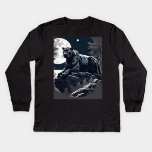 Black Panther Cat, Rock, Full Moon, Shadowy Kids Long Sleeve T-Shirt