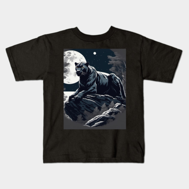 Black Panther Cat, Rock, Full Moon, Shadowy Kids T-Shirt by BirdsnStuff