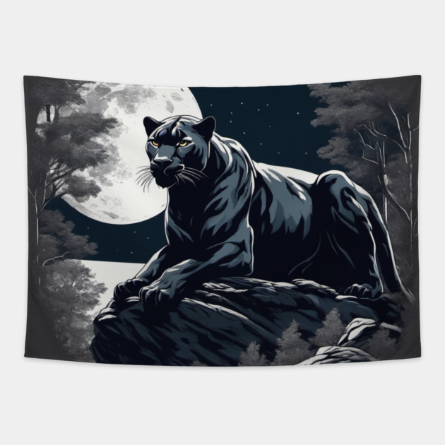 Black Panther Cat, Rock, Full Moon, Shadowy Tapestry by BirdsnStuff