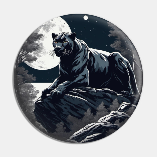 Black Panther Cat, Rock, Full Moon, Shadowy Pin by BirdsnStuff