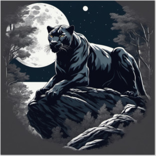 Black Panther Cat, Rock, Full Moon, Shadowy Posters and Art
