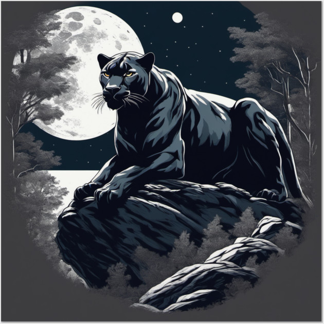 Black Panther Cat, Rock, Full Moon, Shadowy Wall Art by BirdsnStuff