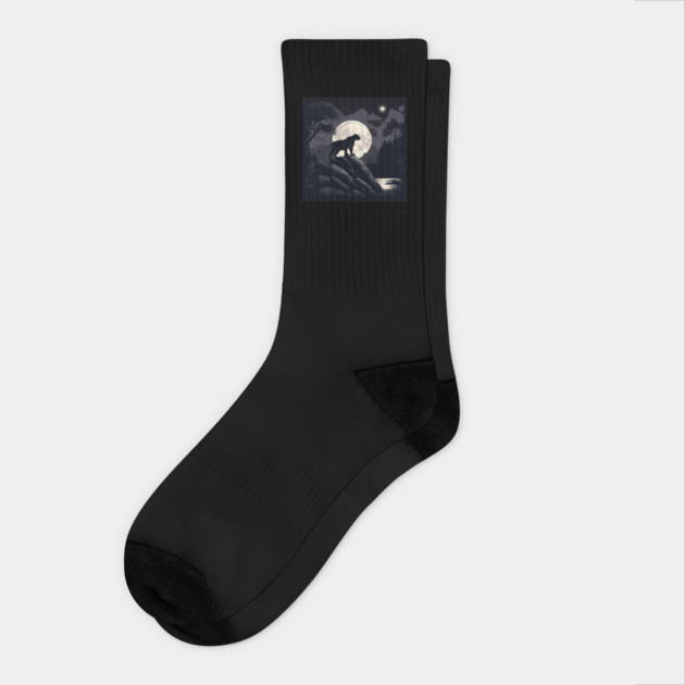 Black Panther Cat, Rock, Forest, Full Moon Socks by BirdsnStuff