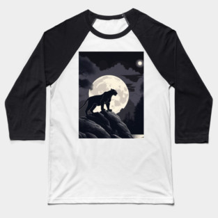 Black Panther Cat, Rock, Forest, Full Moon Baseball T-Shirt