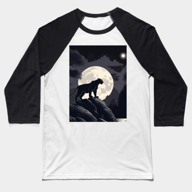 Black Panther Cat, Rock, Forest, Full Moon Baseball T-Shirt by BirdsnStuff