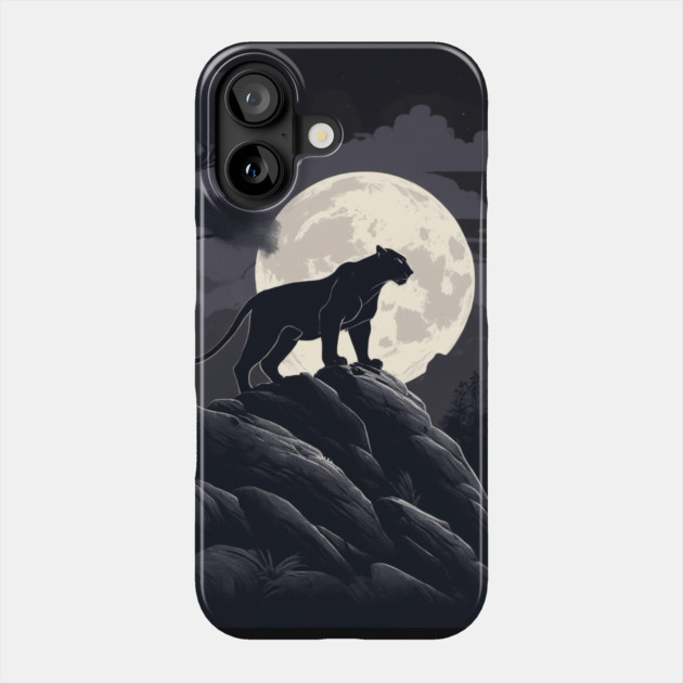Black Panther Cat, Rock, Forest, Full Moon Phone Case by BirdsnStuff