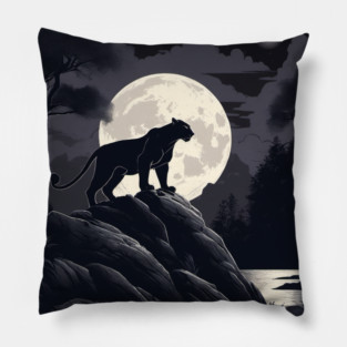 Black Panther Cat, Rock, Forest, Full Moon Pillow