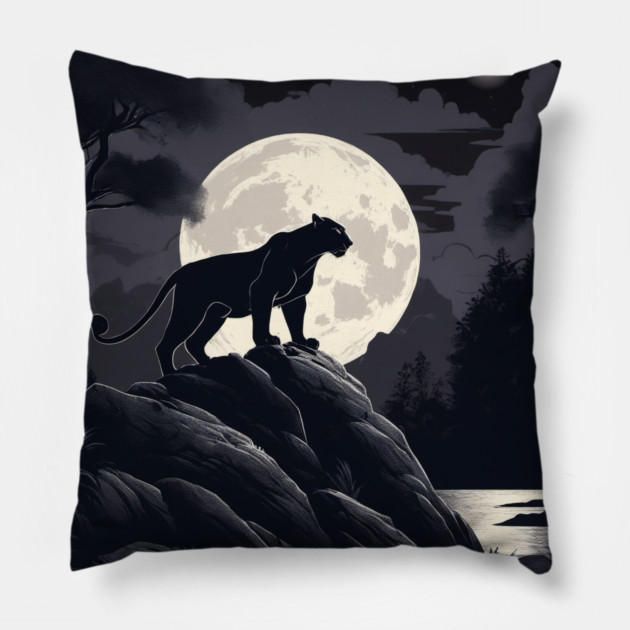 Black Panther Cat, Rock, Forest, Full Moon Pillow by BirdsnStuff