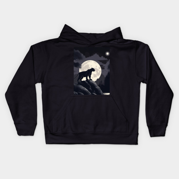 Black Panther Cat, Rock, Forest, Full Moon Kids Hoodie by BirdsnStuff
