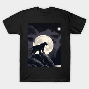 Black Panther Cat, Rock, Forest, Full Moon T-Shirt