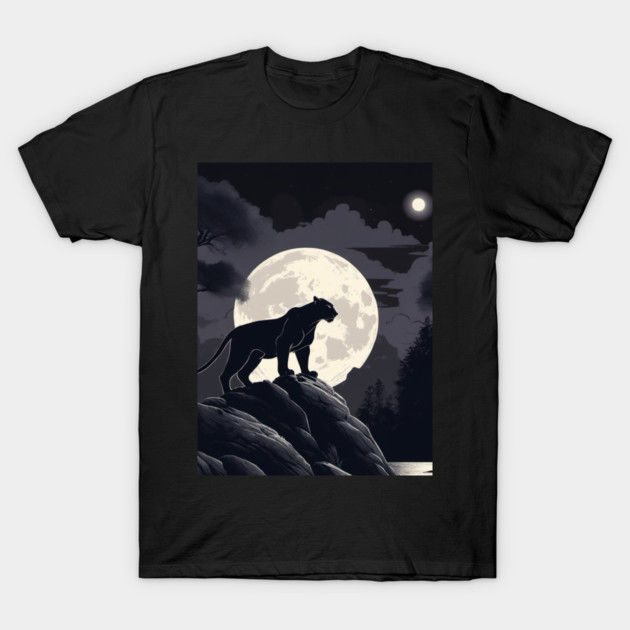 Black Panther Cat, Rock, Forest, Full Moon T-Shirt by BirdsnStuff