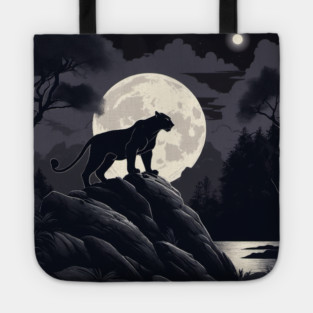 Black Panther Cat, Rock, Forest, Full Moon Tote