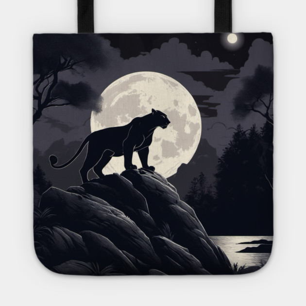 Black Panther Cat, Rock, Forest, Full Moon Tote by BirdsnStuff