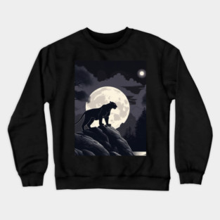 Black Panther Cat, Rock, Forest, Full Moon Crewneck Sweatshirt