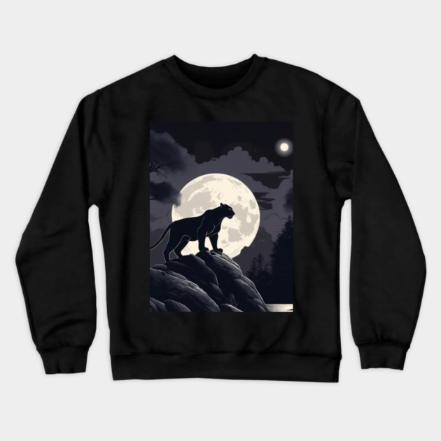 Black Panther Cat, Rock, Forest, Full Moon Crewneck Sweatshirt by BirdsnStuff