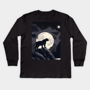 Black Panther Cat, Rock, Forest, Full Moon Kids Long Sleeve T-Shirt