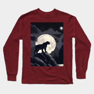 Black Panther Cat, Rock, Forest, Full Moon Long Sleeve T-Shirt