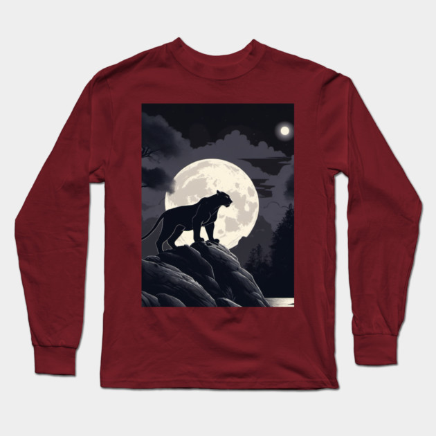 Black Panther Cat, Rock, Forest, Full Moon Long Sleeve T-Shirt by BirdsnStuff