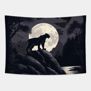 Black Panther Cat, Rock, Forest, Full Moon Tapestry