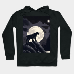 Black Panther Cat, Rock, Forest, Full Moon Hoodie