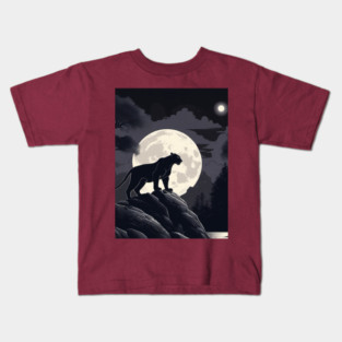 Black Panther Cat, Rock, Forest, Full Moon Kids T-Shirt